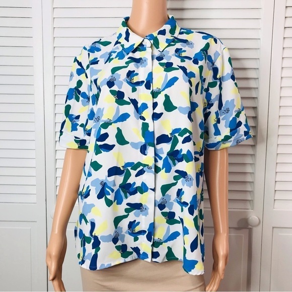 RACHEL ZOE Floral Button-Up Short Sleeve Blouse Size Large - Picture 1 of 8
